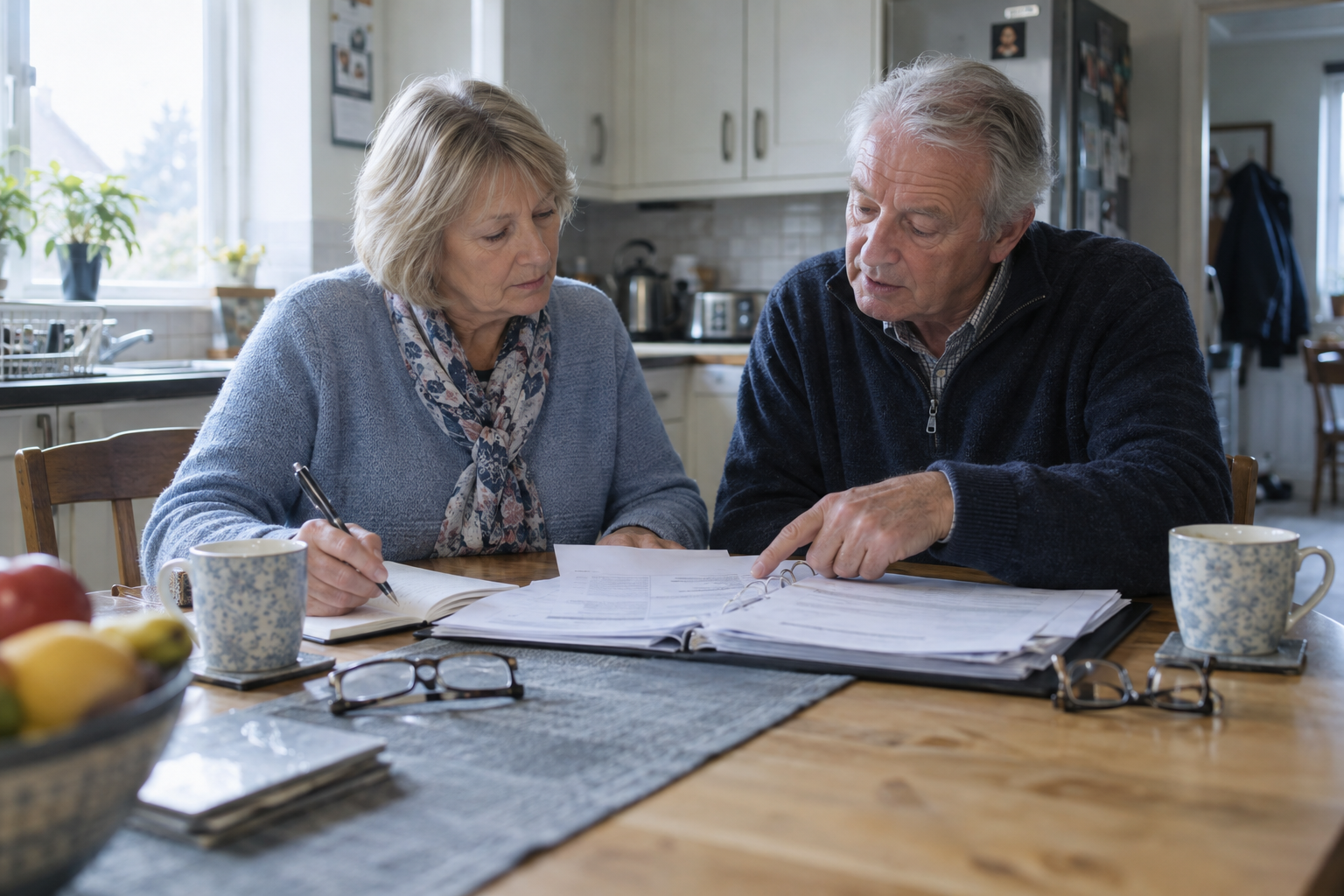 Retired couple at their kitchen table reviewing pension statements as inheritance tax rules on pensions change